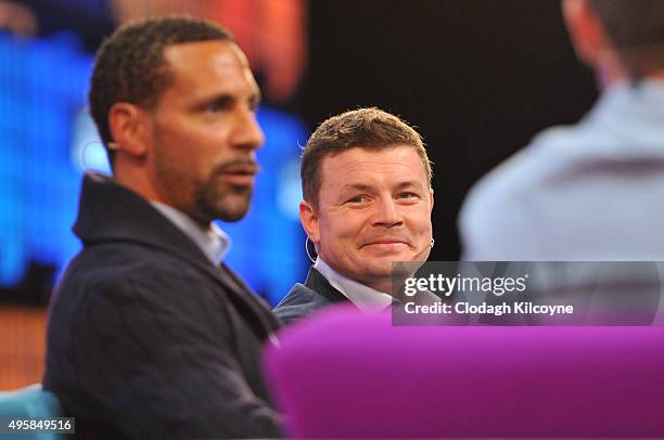 Former footballer, Rio Ferdinand and Irish rugby player Brian O'Driscoll speak on stage about being an ambassadors for BT Sport during the third day...