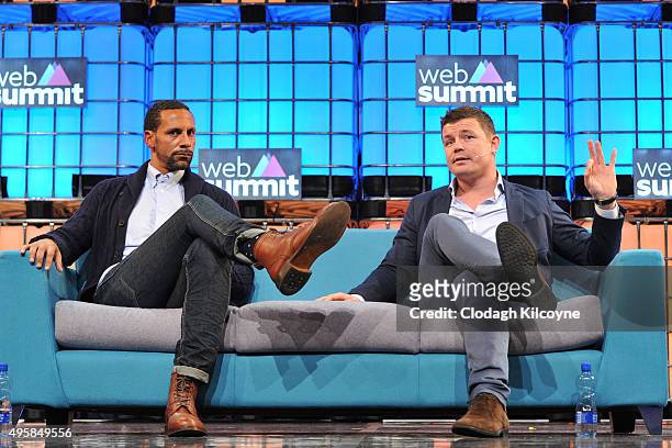 Former footballer, Rio Ferdinand and Irish rugby player Brian O'Driscoll speak on stage about being an ambassadors for BT Sport during the third day...