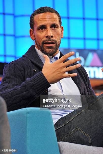 Former footballer, Rio Ferdinand speaks on stage about being an ambassador for BT Sport during the third day of the 2015 Web Summit on November 5,...