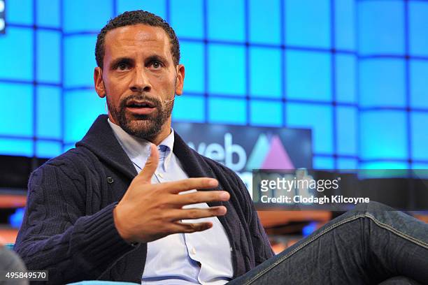 Former footballer, Rio Ferdinand speaks on stage about being an ambassador for BT Sport during the third day of the 2015 Web Summit on November 5,...