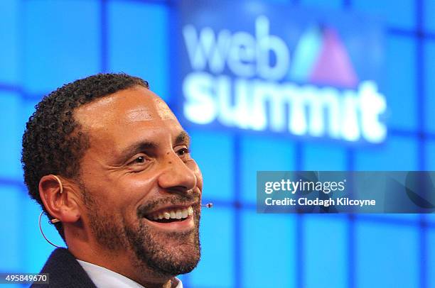 Former footballer, Rio Ferdinand speaks on stage about being an ambassador for BT Sport during the third day of the 2015 Web Summit on November 5,...