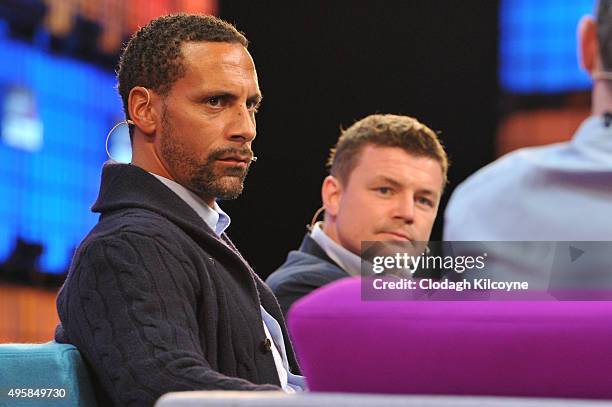 Former footballer, Rio Ferdinand and Irish rugby player, Brian O'Driscoll speak on stage during about being ambassadors for BT Sport on the third day...