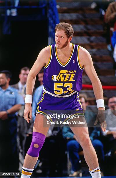 Mark Eaton of the Utah Jazz defends against the Sacramento Kings circa 1991 at Arco Arena in Sacramento, California. NOTE TO USER: User expressly...