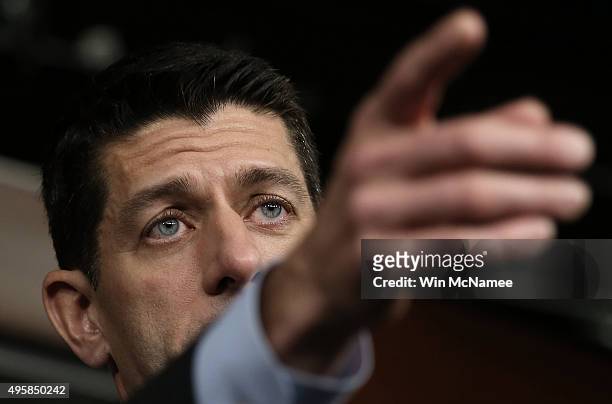 Speaker of the House Paul Ryan answers questions during his first weekly news conference at the U.S. Capitol November 5, 2015 in Washington, DC. Ryan...