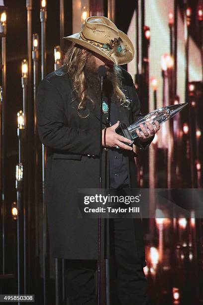 Chris Stapleton accepts an award at the 49th annual CMA Awards at the Bridgestone Arena on November 4, 2015 in Nashville, Tennessee.