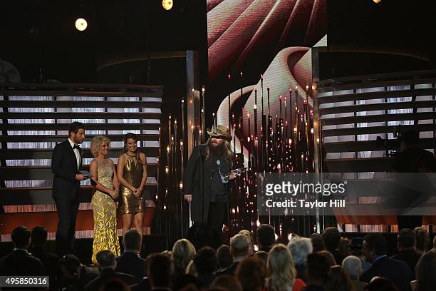 Chris Stapleton accepts an award at the 49th annual CMA Awards at the Bridgestone Arena on November 4, 2015 in Nashville, Tennessee.