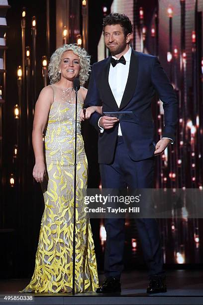 Cam and Brett Eldredge speak during the 49th annual CMA Awards at the Bridgestone Arena on November 4, 2015 in Nashville, Tennessee.