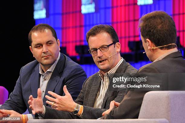 Shervin Pishevar, Co-Founder and managing director of Sherpal Capital with Rob Lloyd, CEO of Hyperloop speak on stage during the third day of the...
