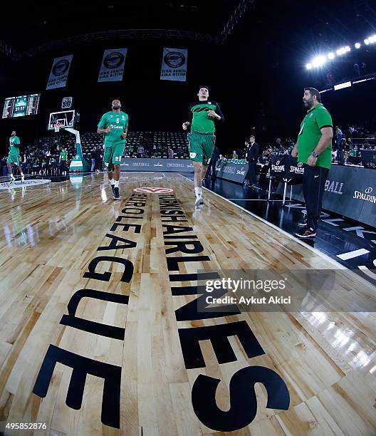 Reggie Redding, #5 of Darussafaka Dogus Istanbul and Emir Preldzic, #55 of Darussafaka Dogus Istanbul warm-up prior to the Turkish Airlines...