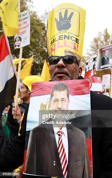 Protesters demonstrate outside Downing street in Westminster London against a visit to London by Egypt's president Abdel Fattah el-Sisi to see Prime...