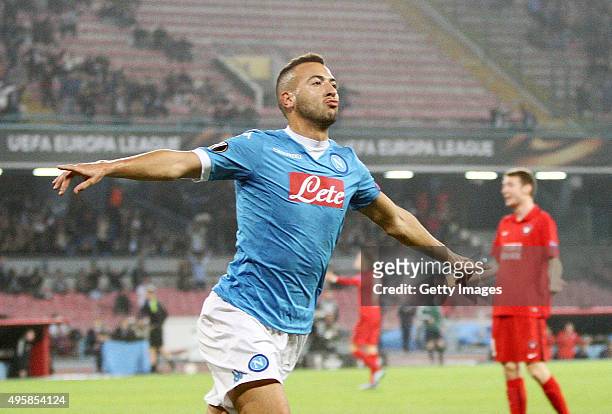 Omar El Kaddouri of Napoli celebrates after scoring goal 1-0 during the UEFA Europa League Group D match between SSC Napoli and FC Midtjylland at...
