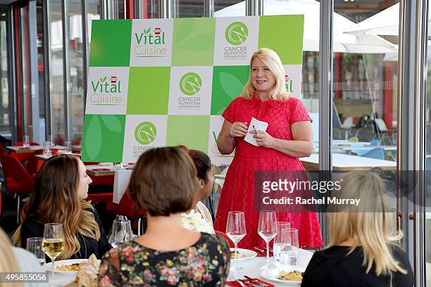 Wendy Watkins speaks during The Cancer Nutrition Consortium celebration launch of Hormel Vital Cuisine products hosted by Whitney Port at Ray's &...