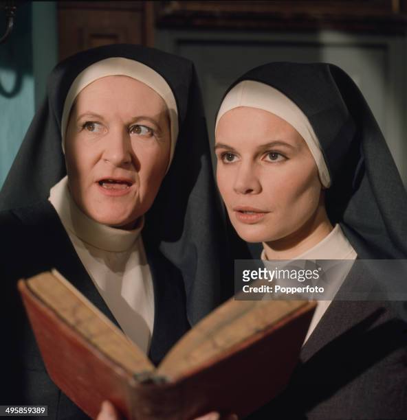 English actress Peggy Thorpe-Bates pictured with actress Joanna Dunham in a scene from the television drama 'Sanctuary' in 1968.
