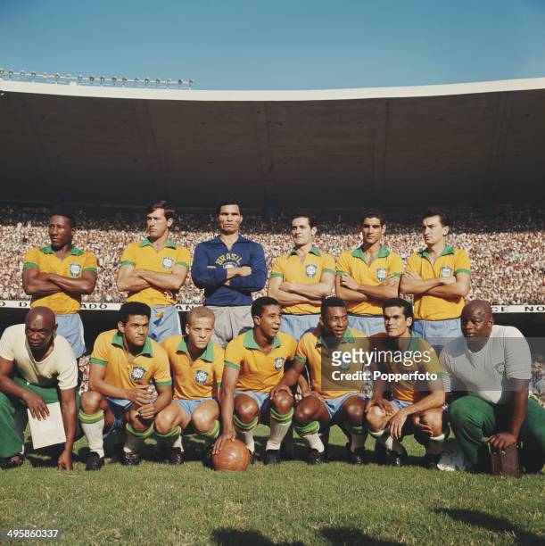 Brazil national football squad including Djalma Santos, Garrincha and Pele in 1965 prior to the team's game with Czechoslovakia.