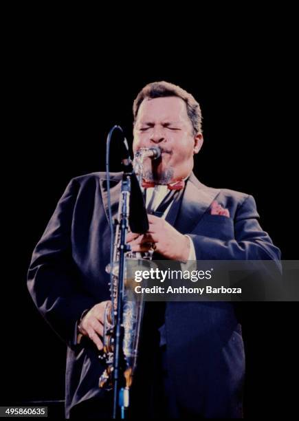 American jazz musician Jackie McLean plays alto saxophone as he performs on stage during the 'One Night With Blue Note' concert at Town Hall, New...