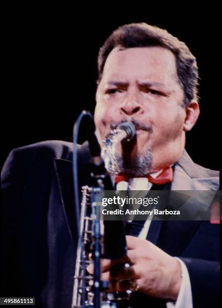 American jazz musician Jackie McLean plays alto saxophone as he performs on stage during the 'One Night With Blue Note' concert at Town Hall, New...