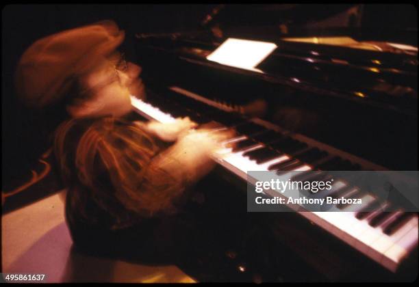 French jazz musician Michel Petrucciani plays piano during rehersals for the 'One Night With Blue Note' concert , New York, New York, February 1985.