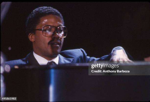 American jazz musician Herbie Hancock plays piano as he performs on stage during the 'One Night With Blue Note' concert at Town Hall, New York, New...