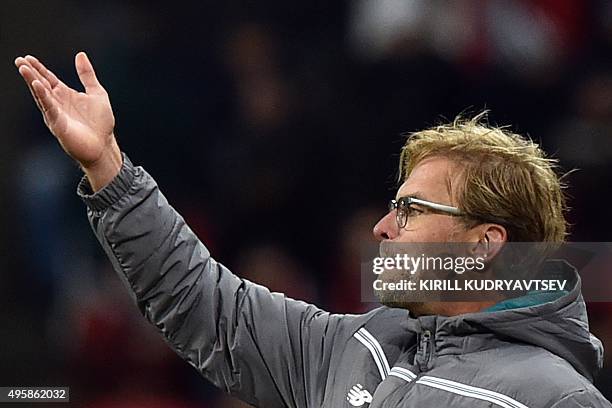 Liverpool's German manager Jurgen Klopp reacts during the UEFA Europa League group B football match between FC Rubin Kazan and Liverpool FC in Kazan...