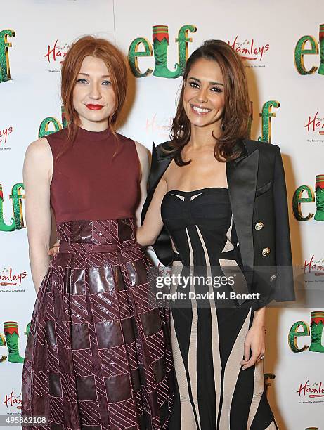 Nicola Roberts and Cheryl Fernandez Versini attends the press night performance of "Elf: The Musical" at the Dominion Theatre on November 5, 2015 in...