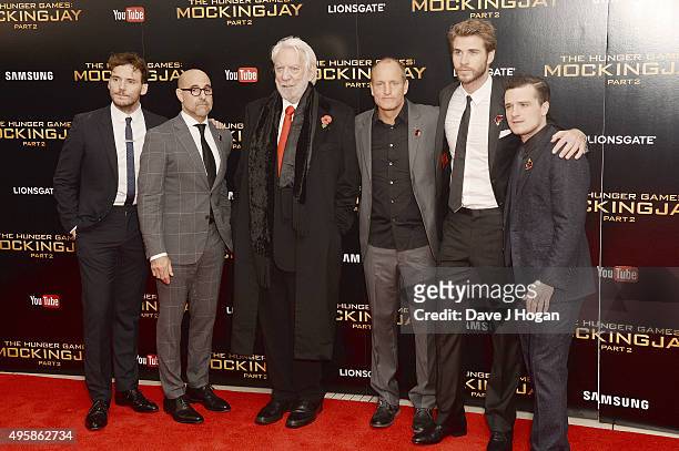 Sam Claflin, Stanley Tucci, Donald Sutherland, Woody Harrelson, Liam Hemsworth and Sam Claflin attend The Hunger Games: Mockingjay Part 2 - UK...