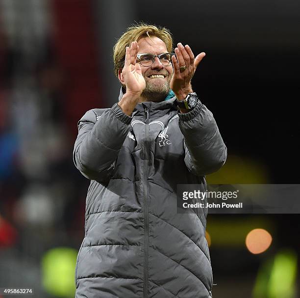 Jurgen Klopp manager of Liverpool shows his appreciation to the fans at the end during the UEFA Europa League match between FC Rubin Kazan and...