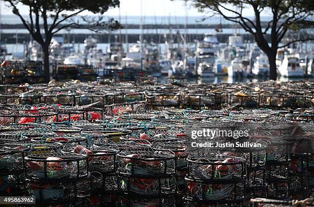 Hundreds of crab traps sit in the parking lot of the Pillar Point Harbor on November 5, 2015 in Half Moon Bay, California. The California Fish and...