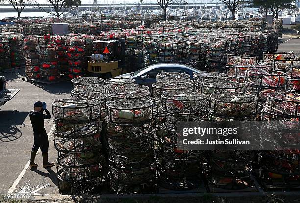 Nick White stands next to hundreds of crab traps in the parking lot of the Pillar Point Harbor on November 5, 2015 in Half Moon Bay, California. The...