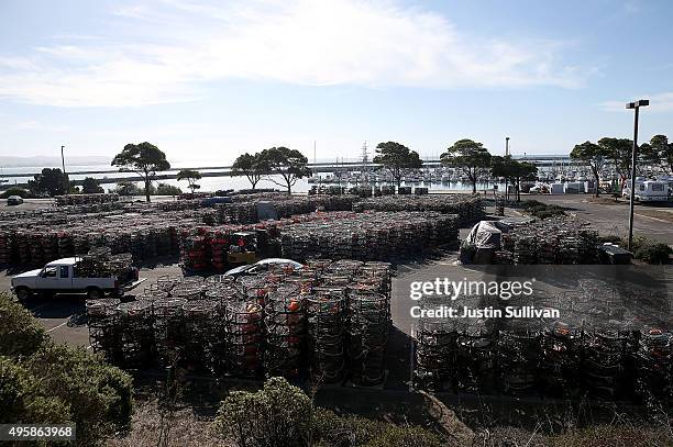 Hundreds of crab traps sit in the parking lot of the Pillar Point Harbor on November 5, 2015 in Half Moon Bay, California. The California Fish and...