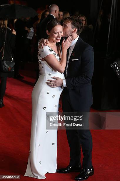 Sam Claflin and Laura Haddock attend the UK Premiere of "The Hunger Games: Mockingjay Part 2" at Odeon Leicester Square on November 5, 2015 in...