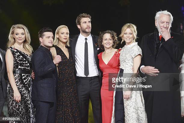 Natalie Dormer, Josh Hutcherson, Jennifer Lawrence, Liam Hemsworth, Nina Jacobson, Elizabeth Banks and Donald Sutherland attend The Hunger Games:...