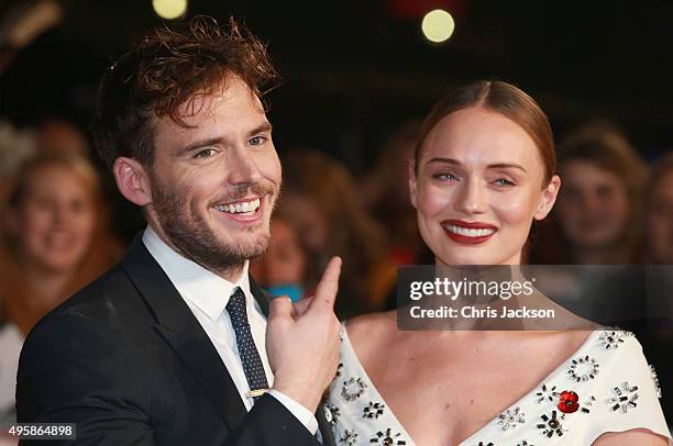 Actor Sam Claflin and Laura Haddock attend "The Hunger Games: Mockingjay Part 2" UK Premiere at the Odeon Leicester Square on November 5, 2015 in...