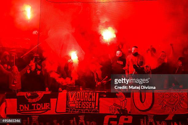 Fans of Schalke cheer during the UEFA Europa League Group K match between AC Sparta Praha and FC Schalke 04 at Generali Arena on November 5, 2015 in...