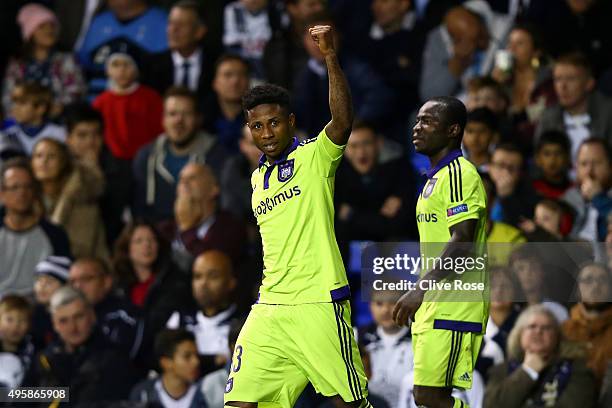 Imoh Ezekiel of Anderlecht celebrates after scoring a goal to level the scores at 1-1 during the UEFA Europa League Group J match between Tottenham...