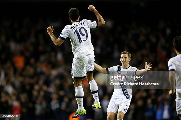 Mousa Dembele of Spurs celebrates with teammate Jan Vertonghen of Spurs after scoring his team's second goal during the UEFA Europa League Group J...