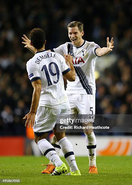 Mousa Dembele of Spurs celebrates with teammate Jan Vertonghen of Spurs after scoring his team's second goal during the UEFA Europa League Group J...