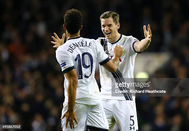 Mousa Dembele of Spurs celebrates with teammate Jan Vertonghen of Spurs after scoring his team's second goal during the UEFA Europa League Group J...