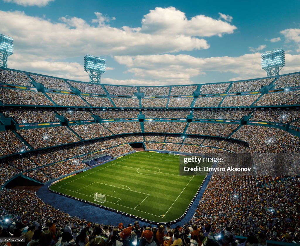 Sunny soccer stadium panorama