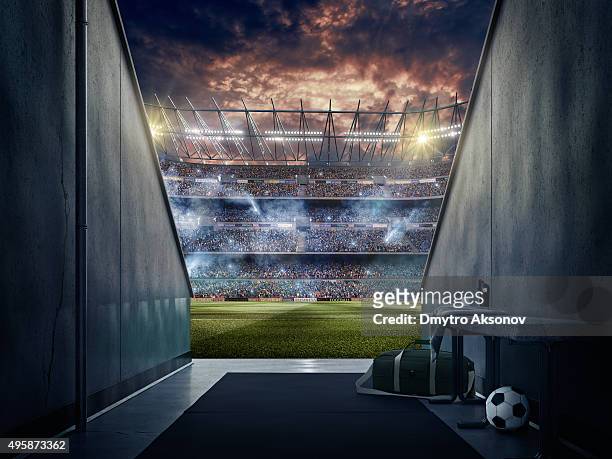 vista stadio di calcio dai giocatori di zona - terreno di gioco foto e immagini stock