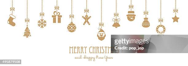 christmas golden hanging elements and greeting text - illustration - hanging stock illustrations