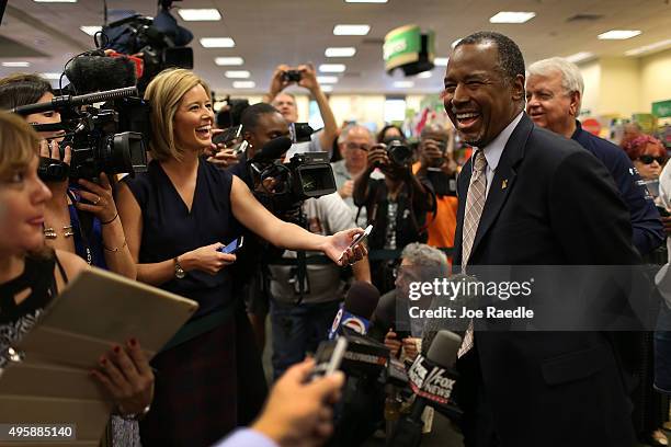 Republican presidential candidate Ben Carson speaks to the media during a stop to sign his book at a Barnes and Noble store on November 5, 2015 in...