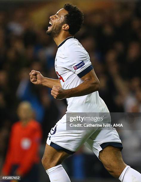 Mousa Dembele of Tottenham Hotspur celebrates after he scores a goal to make it 2-1 during the UEFA Europa League match between Tottenham Hotspur and...