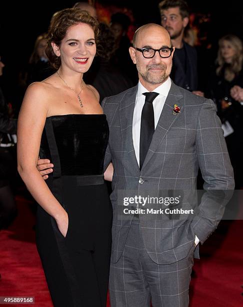 Stanley Tucci and Felicity Blunt attend "The Hunger Games: Mockingjay Part 2" UK premiere at Odeon Leicester Square on November 5, 2015 in London,...