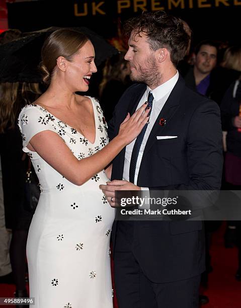 Laura Haddock and Sam Claflin attend "The Hunger Games: Mockingjay Part 2" UK premiere at Odeon Leicester Square on November 5, 2015 in London,...