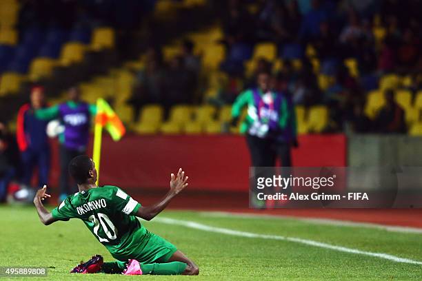 Orji Okwonkwo of Nigeria celebrates his team's second goal during the FIFA U-17 World Cup Chile 2015 Semi Final match between Mexico and Nigeria at...