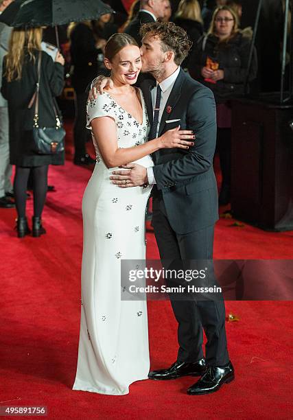 Laura Haddock and Sam Claflin attend The Hunger Games: Mockingjay Part 2 - UK Premiere at Odeon Leicester Square on November 5, 2015 in London,...