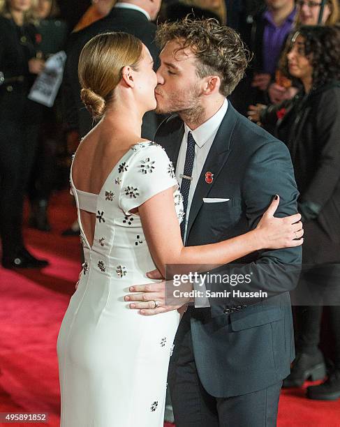 Laura Haddock and Sam Claflin attend The Hunger Games: Mockingjay Part 2 - UK Premiere at Odeon Leicester Square on November 5, 2015 in London,...