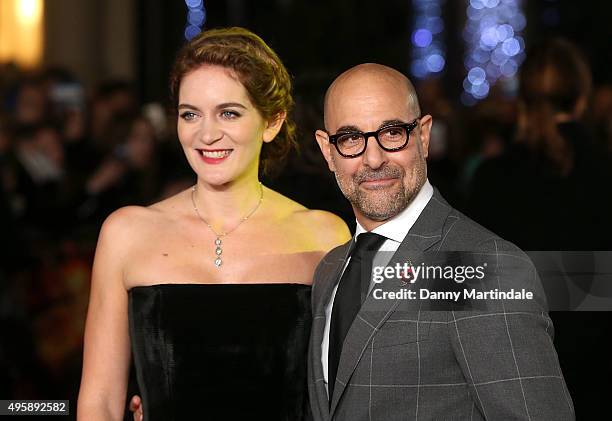 Felicity Blunt and Stanley Tucci attends "The Hunger Games: Mockingjay Part 2" UK premiere at Odeon Leicester Square on November 5, 2015 in London,...