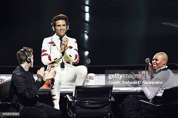 Fedez, Mika and Skin attend 'X Factor' Tv Show on November 5, 2015 in Milan, Italy.