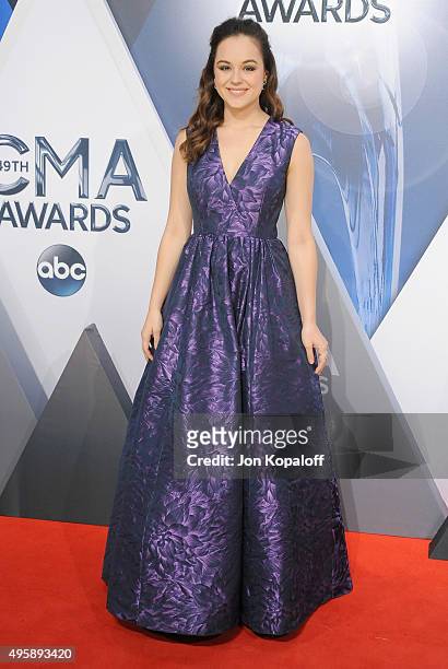 Actress Hayley Orrantia attends the 49th annual CMA Awards at the Bridgestone Arena on November 4, 2015 in Nashville, Tennessee.